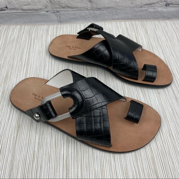 NEW Rag & Bone August Croc Embossed Leather Slide Sandals In Black - Picture 2 of 13